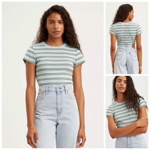 Levi's Striped Bodysuit Ribbed Short Sleeve Blue Green Sz M